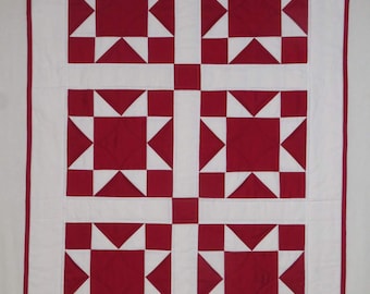 Vintage Inspired Sawtooth Star Quilt – Red White Cotton Sheets (44" x 31")