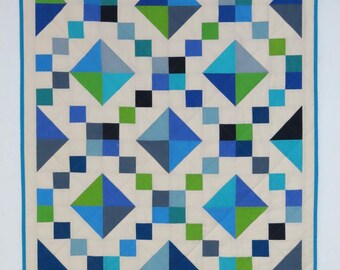Upcycled Vintage Baby Quilt, Turquoise Blue Green Jewel Box Pattern