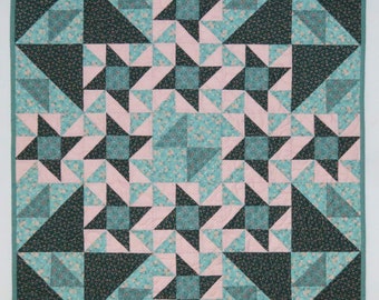 Quilted Table Topper, Pieced Centre Mat, Wall Art Quilt, Vintage Prints, Aqua Green Peach