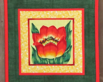 Floral Table Topper, Table Mat, Tulip. Yellow Red - Orange Green