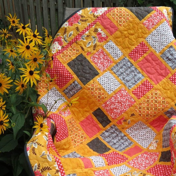 SALE: Lap Quilt, Baby Quilt, Pieced Rectangles, Yellow, Grey, Coral