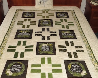 Lap Quilt, Decorative Bed Runner, Toddler Bed Blanket, Family Messages, Brown Green Cream