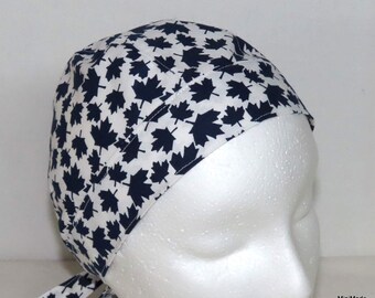 Bikers Skull Cap, Bandana, Do Rag, White with Navy Blue Maple Leaves