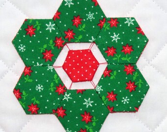 Christmas Tree Ornament, Decoration, English Paper Pieced Hexagons, Red and Green Snowflakes