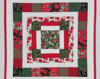 Christmas Table Topper, Quilted Mat,  Pieced Squares, Christmas Red Green and White