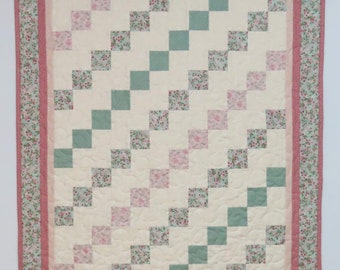 Baby Quilt, Pastel Squares, Pink Green Cream