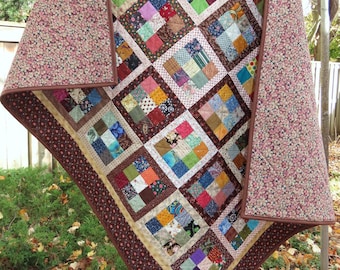 Lap Quilt, Throw Blanket, Scrappy 9-Patch with Border, Colourful with Brown