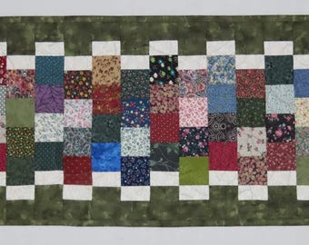 Quilted Table Runner, Scrappy Squares with White accents