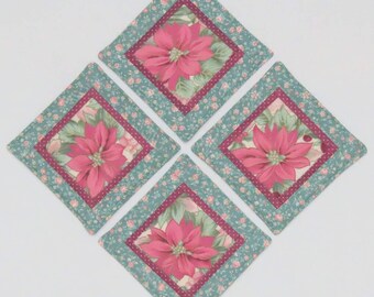 Set of Four (4) Coasters, Pink Poinsettia, Soft Green and Plum