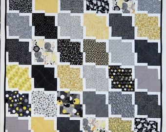 Lap Quilt, Pieced Couch Throw Blanket, Black Grey Yellow White