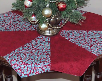 Mini Christmas Tree Skirt, Burgundy Red Teal Holly Print, 24 Inch