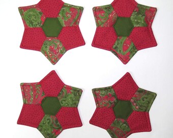 Set of 4 Red and Green Periwinkle Shape Coasters, Cotton Fabric