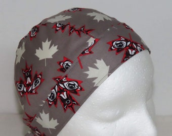 Bikers Skull Cap, Bandana, Do Rag, Maple Leaves, Indigenous Symbols, Grey Black Red White