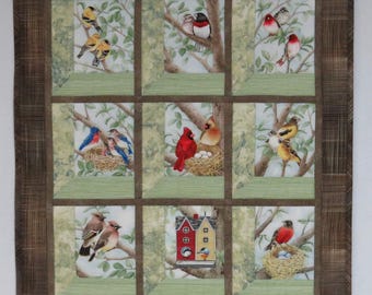 Quilted and Pieced Wall Hanging, Attic Window, Birds in Tree