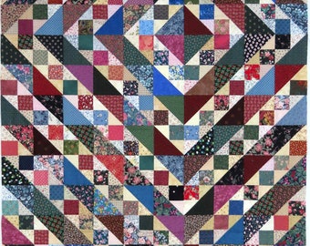 Unfinished Quilt Top, Scrappy, Traditional Country Lap Throw, Flimsy, 4-patch and HST's, Squares and Triangles