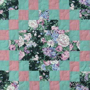 Picnic Blanket, Tummytime Play Mat, Lap Quilt, Throw, Irish Chain, Green Pink Floral image 6