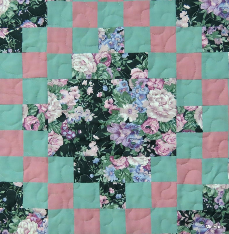 Picnic Blanket, Tummytime Play Mat, Lap Quilt, Throw, Irish Chain, Green Pink Floral image 6