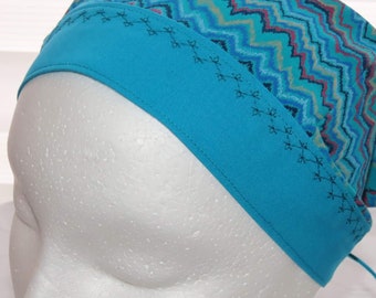Headband Kerchief, Adult Triangle Head Scarf, Cotton Bandanna, Turquoise Zigzag Print with Embroidered Band