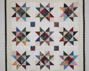 Scrappy Vintage Star Quilt Table Topper, Half Square Triangle Wall Hanging, Mini Art Quilt