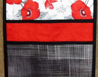 Quilted Armchair or Bedside Caddy, Red Poppy with Silver and Grey