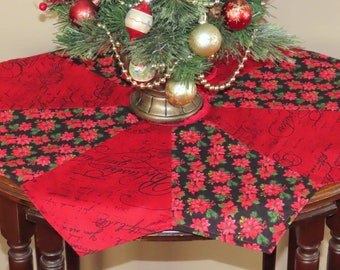 Christmas Tree Skirt, Mini Table Top, Pieced Wedges, Black Red Poinsettias, Script and Postmarks