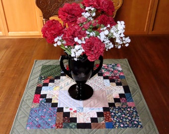 Quilted Table Topper, Traditional, Pieced, Scrappy, Colourful with Black Accents