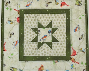 Table Topper, Wall Hanging, Table Centre Mat, Quilted Pieced, Garden Birds