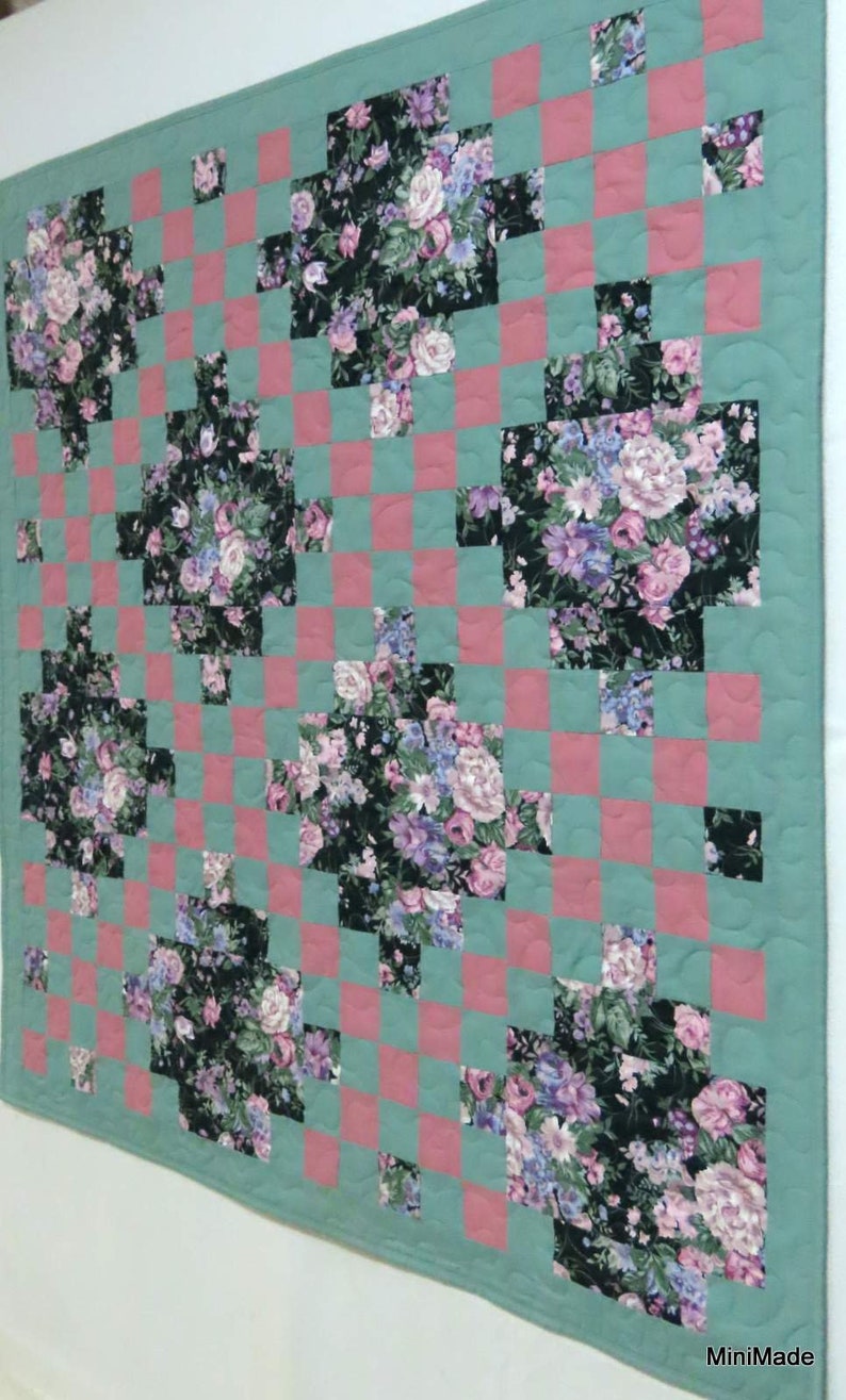 Picnic Blanket, Tummytime Play Mat, Lap Quilt, Throw, Irish Chain, Green Pink Floral image 4