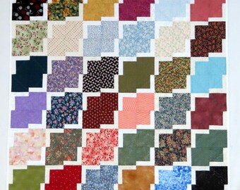 Lap Quilt or Throw, Pieced and Quilted, 4-Patch Prints with White Sashing
