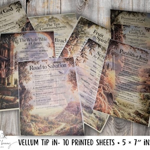 May include: Ten translucent vellum sheets featuring printed religious text and landscape illustrations. Titles include Armor of God, The Ten Commandments, Fruit of the Spirit, Promises of God, Living a Godly Life, Parables of Jesus, and Road to Salvation.
