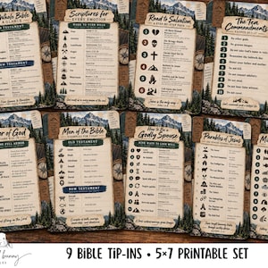May include: A set of nine rectangular Bible tip-in cards featuring mountain and forest illustrations. Each card displays religious text, numbered lists, and icons covering topics like The Ten Commandments, Armor of God, and Miracles of Jesus.