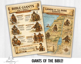May include: Two vintage-style posters titled "Bible Giants" with illustrations of giants and a map of the lands where they lived. The posters include text about the giants, such as Nephilim, Anakim, and Goliath. The bottom of the posters read "GIANTS OF THE BIBLE!"