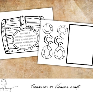 Puede incluir: Juego de manualidades en blanco y negro con una ilustraci&oacute;n de cofre del tesoro y texto de Mateo 6:19-21. Tambi&eacute;n incluye formas de gemas. Las palabras "Treasures in Heaven craft" est&aacute;n escritas en la parte inferior.