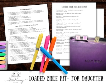 May include: A purple Holy Bible with colorful tabs, alongside printed notes and colorful pens. The text on the Bible reads "Holy Bible". The text on the notes reads "Loaded Bible Kit - For Daughter".