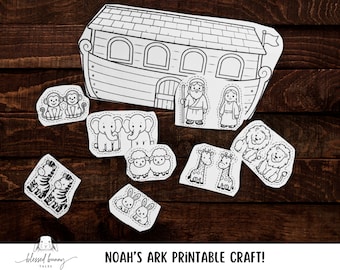 May include: A black and white printable craft set featuring a large Noah's Ark, two people, and pairs of monkeys, elephants, sheep, giraffes, lions, zebras, and rabbits. The text "BLESSED BUNNY TALES" and "NOAH'S ARK PRINTABLE CRAFT!" is visible.