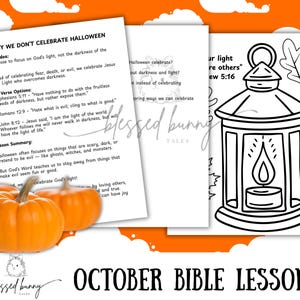 Può includere: Un set di lezioni bibliche di ottobre con zucche arancioni, un'illustrazione di lanterna e testo. Il testo include versetti biblici e la frase "Perché non celebriamo Halloween". Le parole "Blessed Bunny Tales" sono anche visibili.