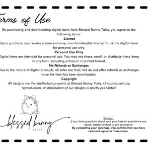 Puede incluir: Documento en blanco y negro titulado "T&eacute;rminos de uso" de Blessed Bunny Tales. El texto describe los t&eacute;rminos de uso de los art&iacute;culos digitales, incluyendo licencia, uso personal, derechos de autor e informaci&oacute;n de soporte. Se incluye una peque&ntilde;a ilustraci&oacute;n de un conejo.