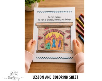 Puede incluir: Una hoja para colorear titulada "The Fiery Furnace: The Story of Shadrach, Meshach, and Abednego" es sostenida por un niño. La ilustración representa un horno ardiente con tres figuras en su interior. Se ven crayones a la derecha. El texto inferior dice "LESSON AND COLORING SHEET."