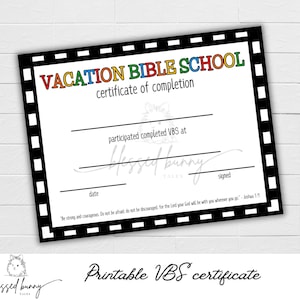 Printable VBS Certificate of Completion | 8x10&quot; | Instant Download | Vacation Bible School Award for Kids