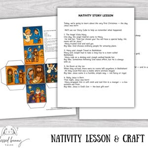 May include: A printed Nativity Story Lesson and Craft sheet with illustrations of the Nativity story. The text includes the title "Nativity Story Lesson" and the phrase "Blessed Bunny Tales". A story cube is also included.
