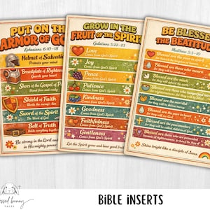 May include: Three vintage-style Bible inserts with colorful text and illustrations. The inserts feature phrases like "Armor of God," "Fruit of the Spirit," and "The Beatitudes." The bottom of the image reads "Bible Inserts."