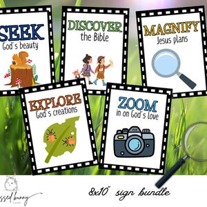 Pacchetto di cartelli VBS ingranditi: decorazioni per la scuola biblica estiva cristiana (scarica PDF, cartelli 8x10&quot;)