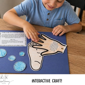 Può includere: Un lavoretto interattivo su sfondo blu. La mano di un bambino interagisce con il lavoretto. Il lavoretto include un contorno di mano e piede, cerchi blu e testo. Il testo recita "Interactive Craft!" e "Blessed Bunny Tales".