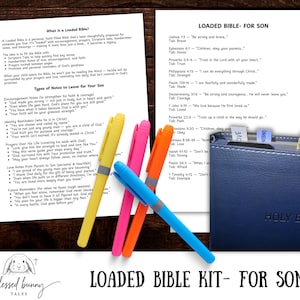 Może przedstawiać: Zestaw Załadowanej Biblii dla Syna, zawierający niebieską skórzaną Biblię z kolorowymi zakładkami i odręcznymi notatkami. Obraz zawiera żółte, różowe, pomarańczowe i niebieskie długopisy oraz drukowane strony z tekstem. Zestaw ma na celu zachęcanie do wiary.