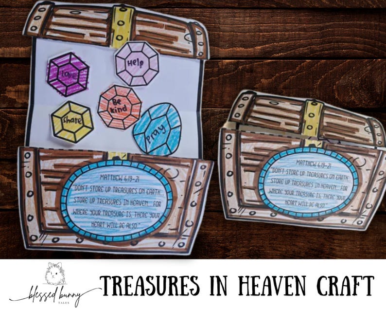 Puede incluir: Una manualidad de cofre del tesoro marr&oacute;n y amarillo con el texto "Treasures in Heaven Craft". El cofre tiene un &oacute;valo azul con texto de Mateo 6:19-21. Se muestran gemas coloridas con palabras como "Share" y "Pray".