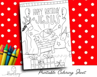 May include: A black and white printable coloring sheet featuring a nativity scene with the text "Happy Birthday Jesus". The scene includes a donkey, a sheep, a manger with a baby inside, and presents.
