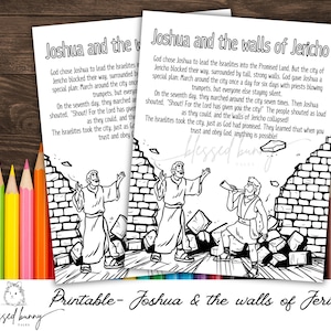 Puede incluir: Una página para colorear imprimible en blanco y negro que representa la historia bíblica de Josué y los muros de Jericó. La ilustración muestra a Josué y los israelitas marchando alrededor de la ciudad de Jericó, con las murallas derrumbándose. El texto describe la historia de cómo Dios ayudó a Josué y a los israelitas a conquistar Jericó.