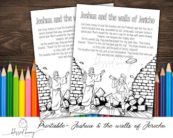 May include: Black and white printable coloring page featuring the biblical story of Joshua and the walls of Jericho. The illustration depicts Joshua and the Israelites marching around the city of Jericho, with the walls crumbling down. The text describes the story of how God helped Joshua and the Israelites conquer Jericho.