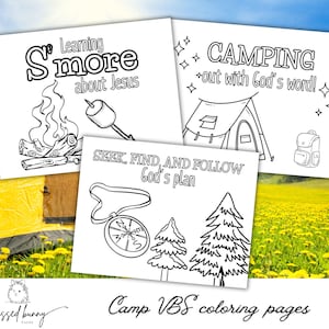 Könnte beinhalten: Drei Schwarz-Weiß-Malvorlagen mit Camping-Motiven. Eine Seite zeigt "Learning S'more about Jesus" mit Lagerfeuer und Marshmallow. Eine andere zeigt "Camping out with God's word!" mit Zelt und Rucksack. Die dritte zeigt "Seek, Find, and Follow God's plan" mit Kompass und Bäumen.