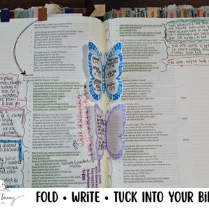 May include: An open Bible page featuring handwritten notes in colorful ink boxes, with two paper butterfly cutouts attached to the center. The butterflies contain handwritten text and are positioned over Psalm 139, surrounded by various margin annotations.